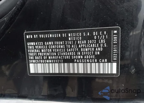 2021 Volkswagen Jetta S/Se/R-Line z USA, uszkodzony, nr VIN 3VWC57BU3MM033212